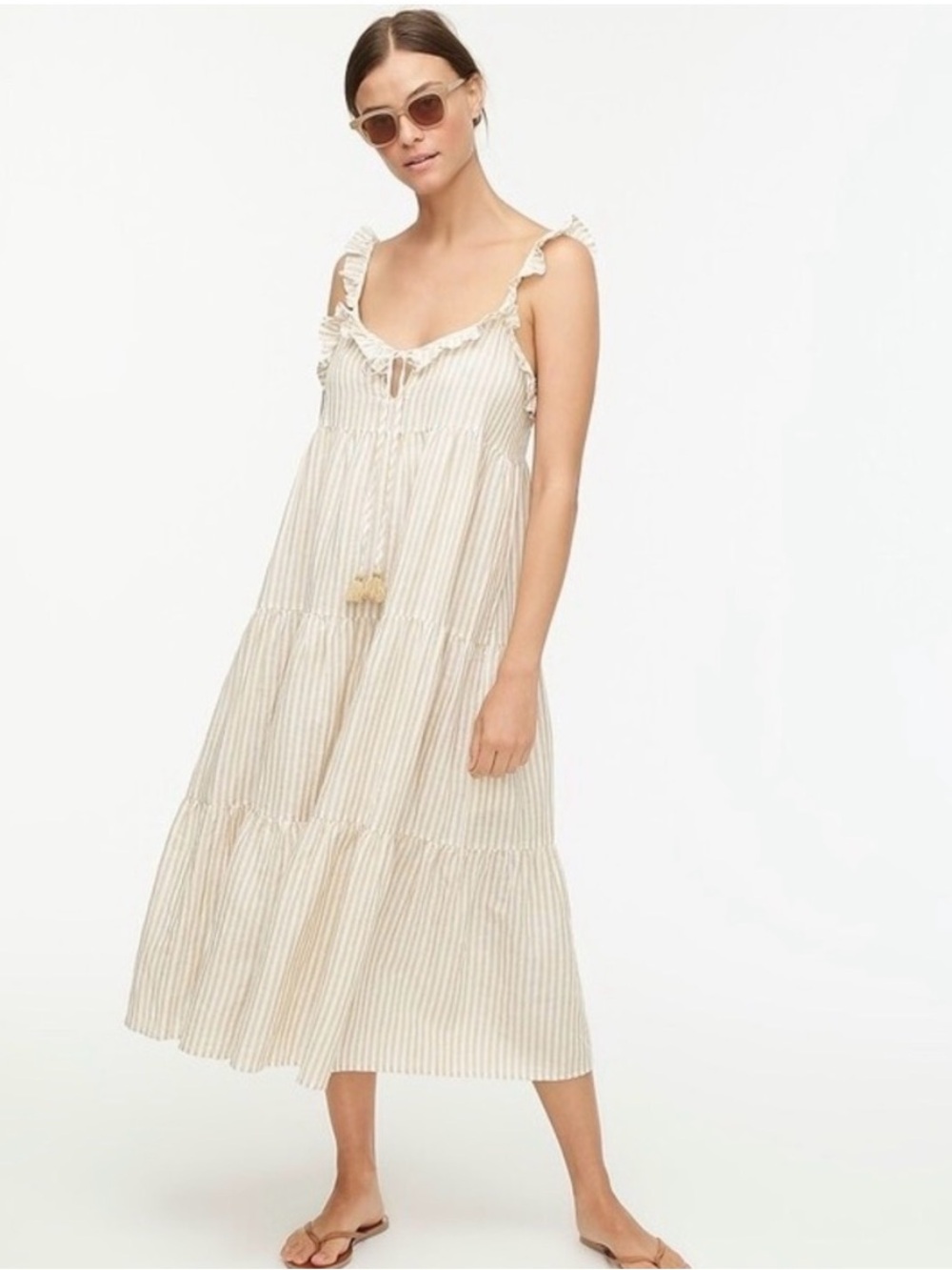 Linen cotton Sleeveless Tiered Maxi Dress in Cream Stripe